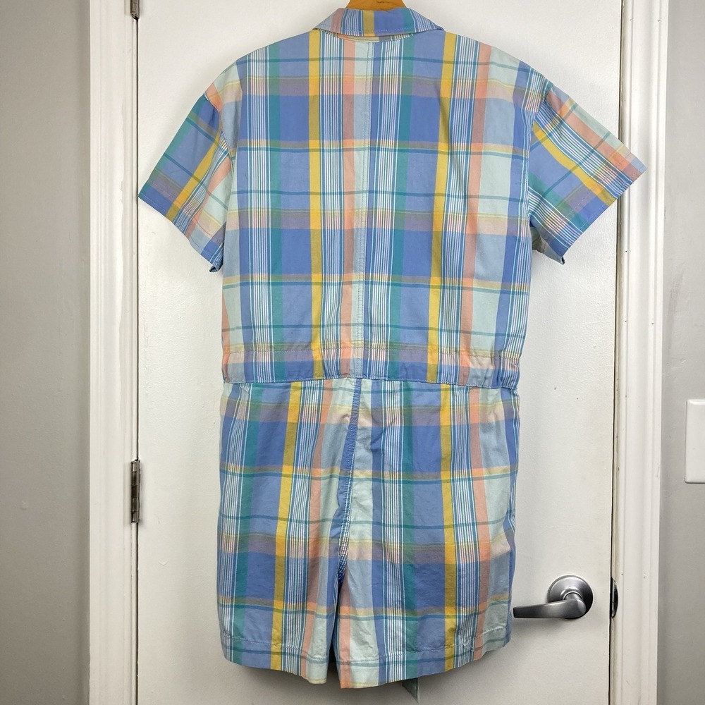 GAP NWT Women's Short Sleeve Plaid Romper 100% Cotton Tie Belt Pastel Geo sz 10 - Picture 5 of 11